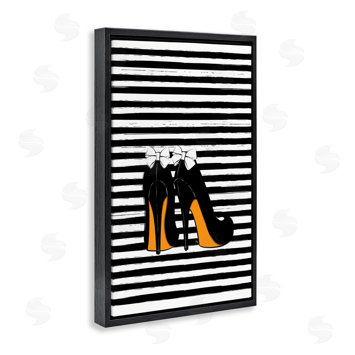 Bow Heels on Stripes Black Floating Frame Canvas Wall Art, Home Decor by Martina Pavlova