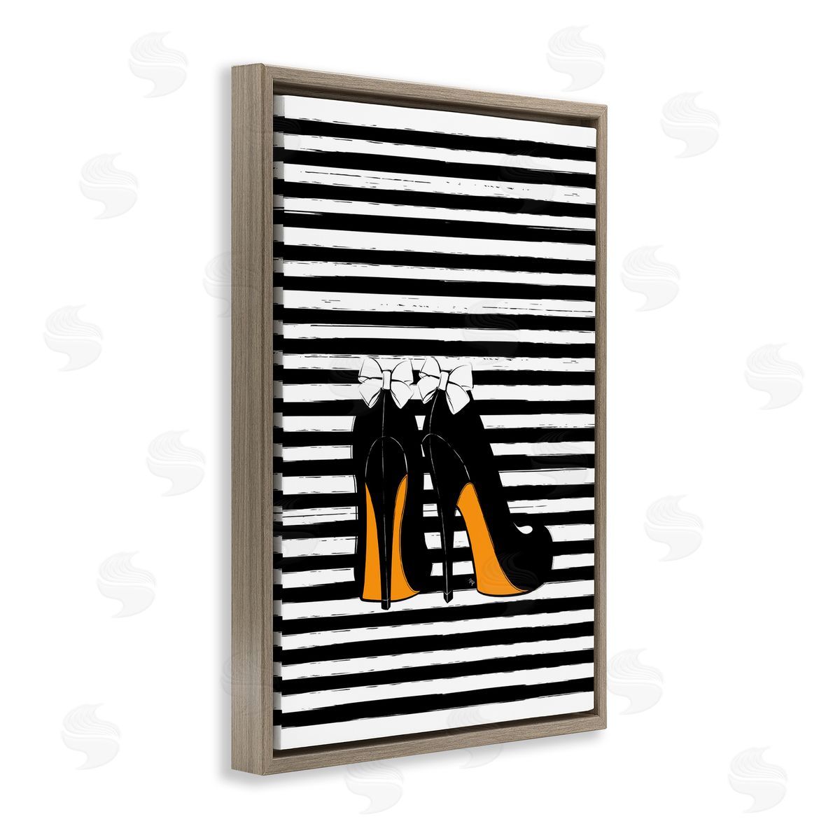 Bow Heels on Stripes Brown Floating Frame Canvas Wall Art, Home Decor by Martina Pavlova