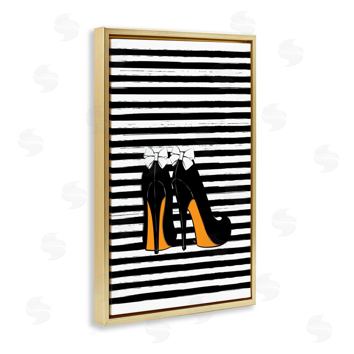 Bow Heels on Stripes Gold Floating Frame Canvas Wall Art, Home Decor by Martina Pavlova