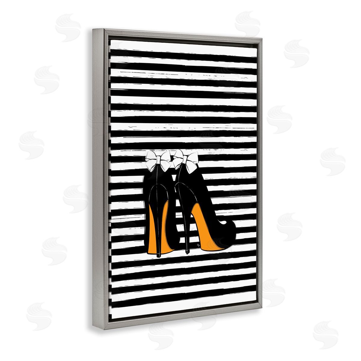 Bow Heels on Stripes Grey Floating Frame Canvas Wall Art, Home Decor by Martina Pavlova