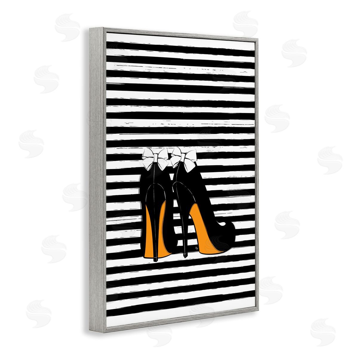 Bow Heels on Stripes Grey Frame Print Wall Art, Home Decor by Martina Pavlova
