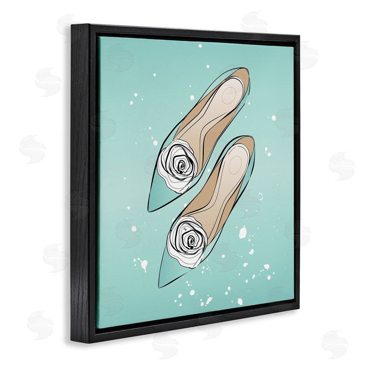 Blue Shoes with Flowers Black Floating Frame Canvas Wall Art, Home Decor by Martina Pavlova