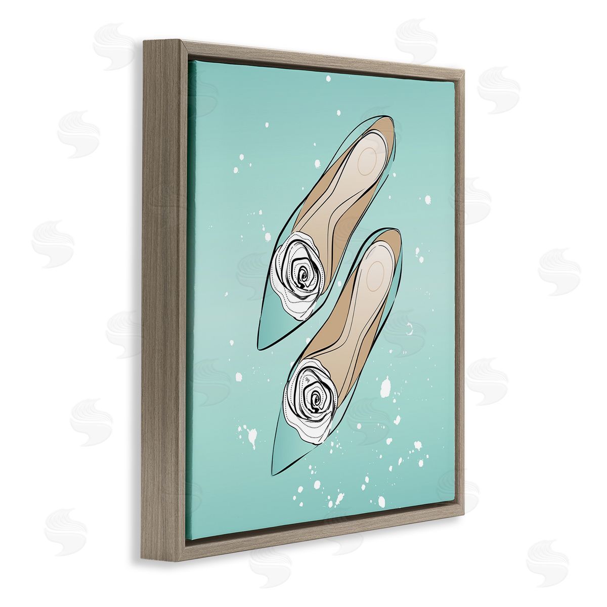 Blue Shoes with Flowers Brown Floating Frame Canvas Wall Art, Home Decor by Martina Pavlova