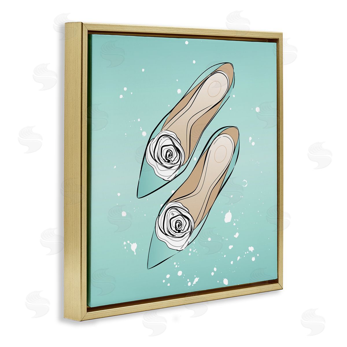 Blue Shoes with Flowers Gold Floating Frame Canvas Wall Art, Home Decor by Martina Pavlova