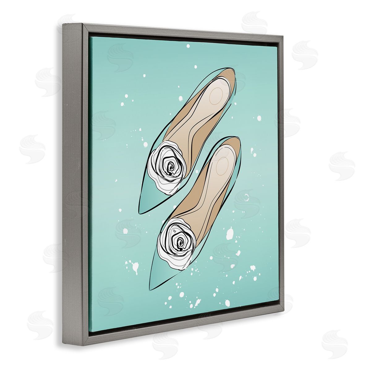 Blue Shoes with Flowers Grey Floating Frame Canvas Wall Art, Home Decor by Martina Pavlova