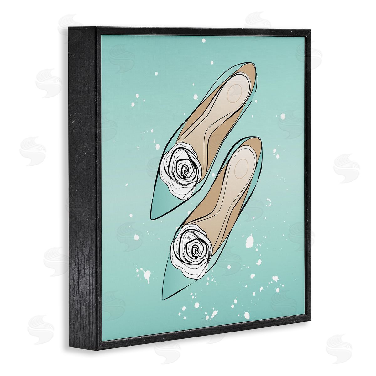 Blue Shoes with Flowers Black Frame Print Wall Art, Home Decor by Martina Pavlova