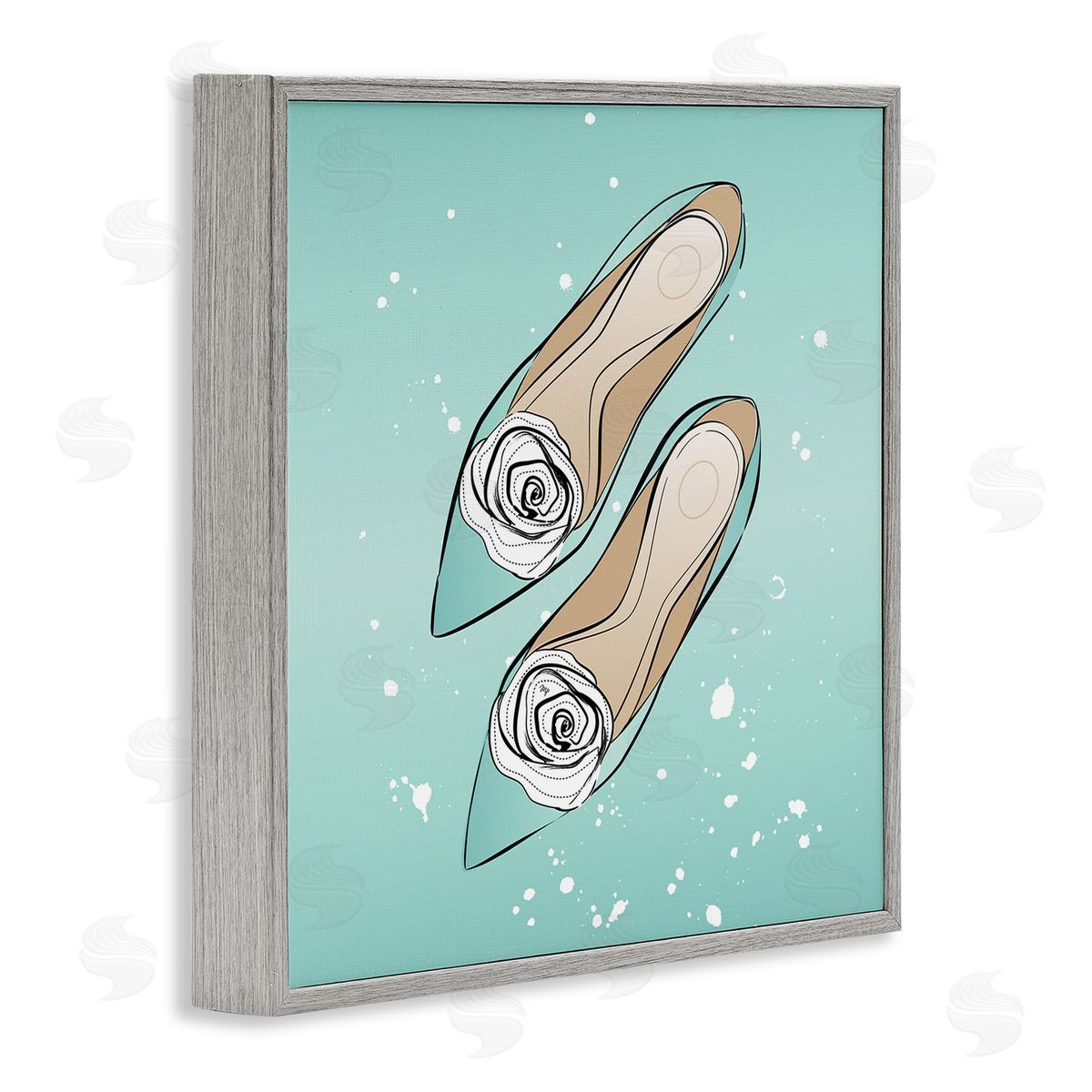 Blue Shoes with Flowers Grey Frame Print Wall Art, Home Decor by Martina Pavlova