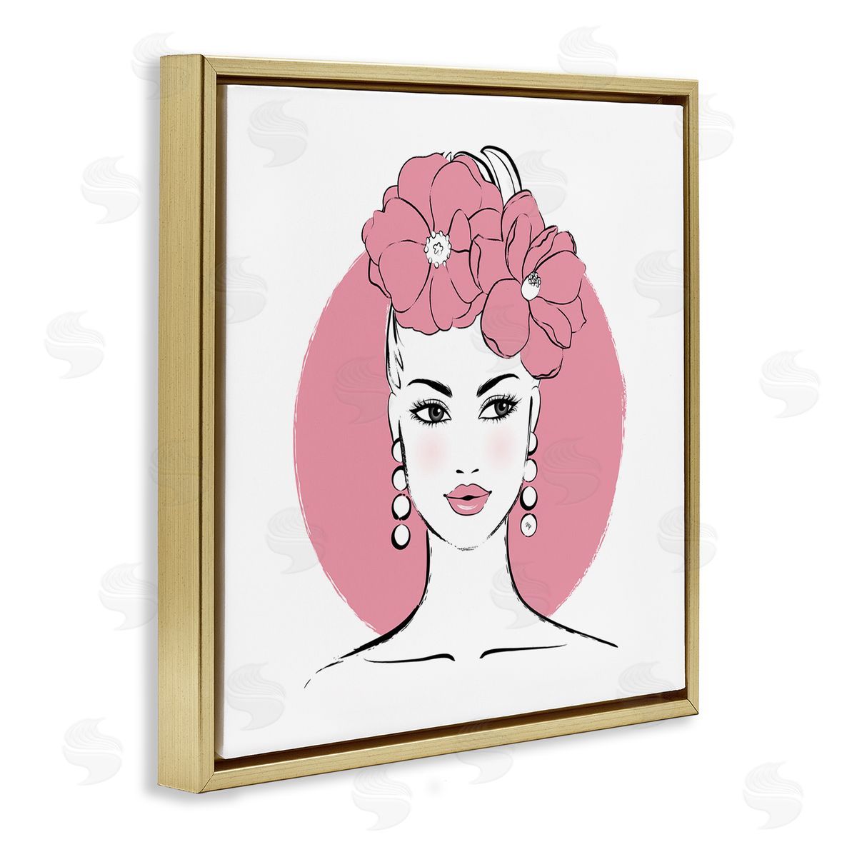Pink Lady Portrait Gold Floating Frame Canvas Wall Art, Home Decor by Martina Pavlova