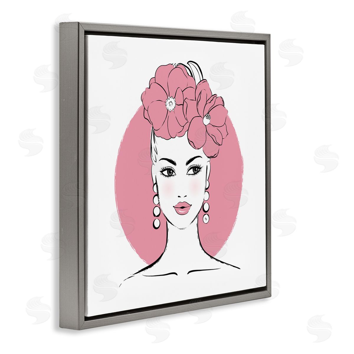 Pink Lady Portrait Grey Floating Frame Canvas Wall Art, Home Decor by Martina Pavlova