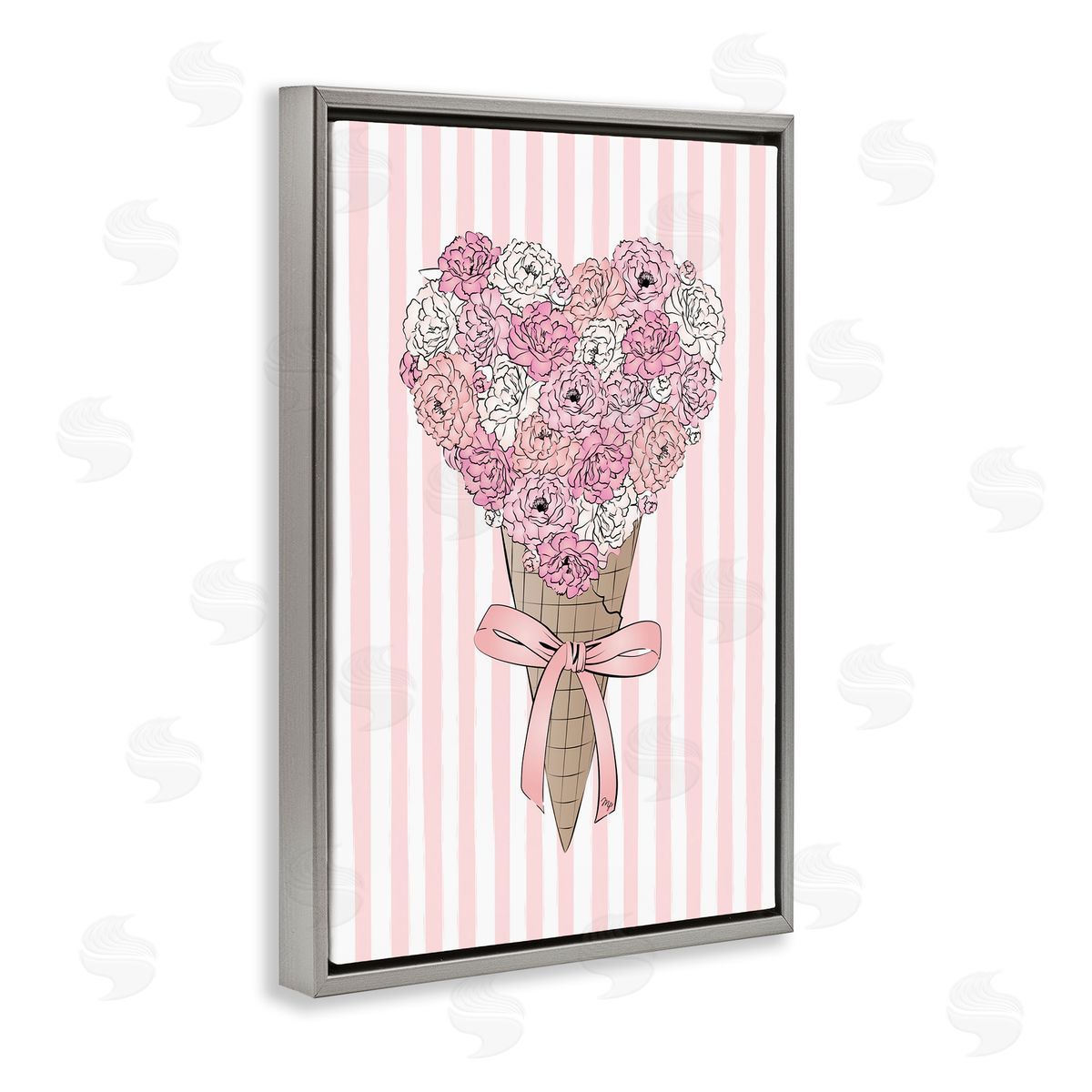 Flower Bouquet Ice Cream Grey Floating Frame Canvas Wall Art, Home Decor by Martina Pavlova