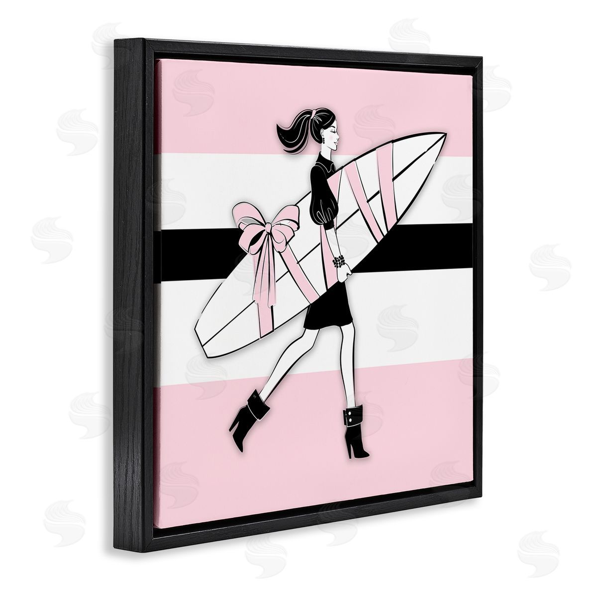 Glam Girl With Surfboard Black Floating Frame Canvas Wall Art, Home Decor by Martina Pavlova