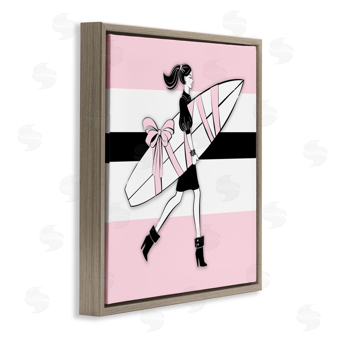 Glam Girl With Surfboard Brown Floating Frame Canvas Wall Art, Home Decor by Martina Pavlova