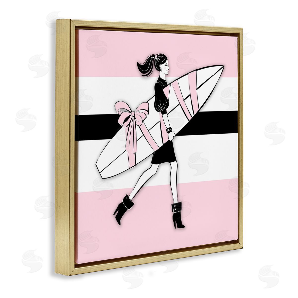Glam Girl With Surfboard Gold Floating Frame Canvas Wall Art, Home Decor by Martina Pavlova
