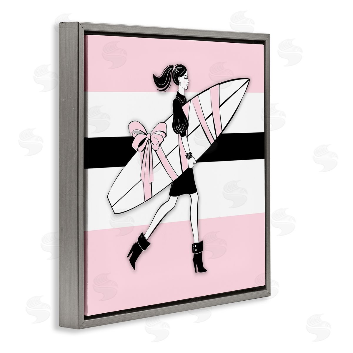 Glam Girl With Surfboard Grey Floating Frame Canvas Wall Art, Home Decor by Martina Pavlova