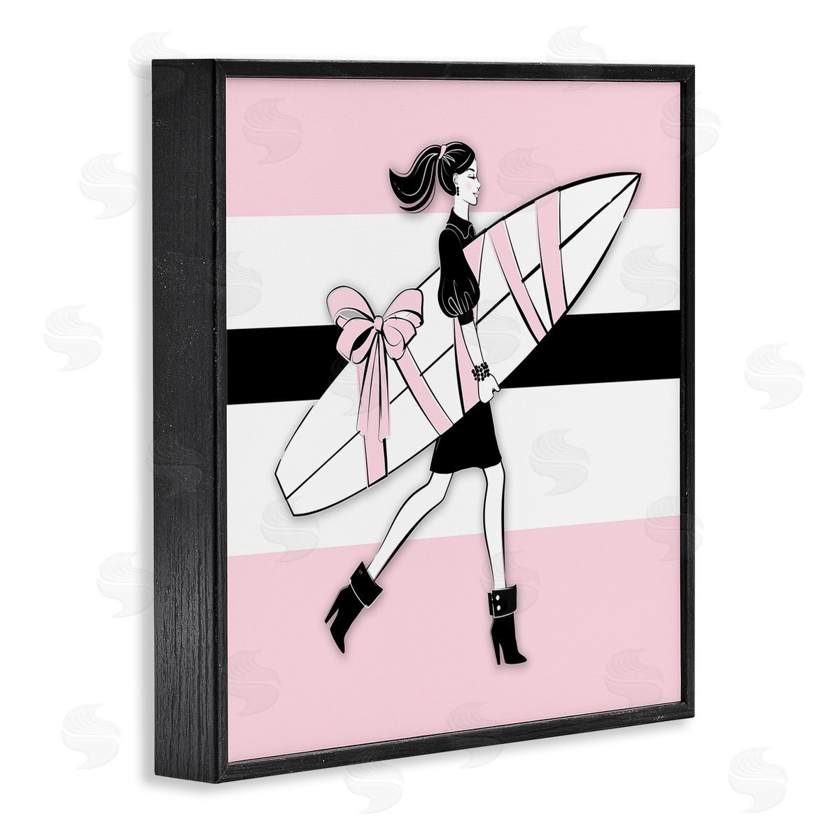 Glam Girl With Surfboard Black Frame Print Wall Art, Home Decor by Martina Pavlova