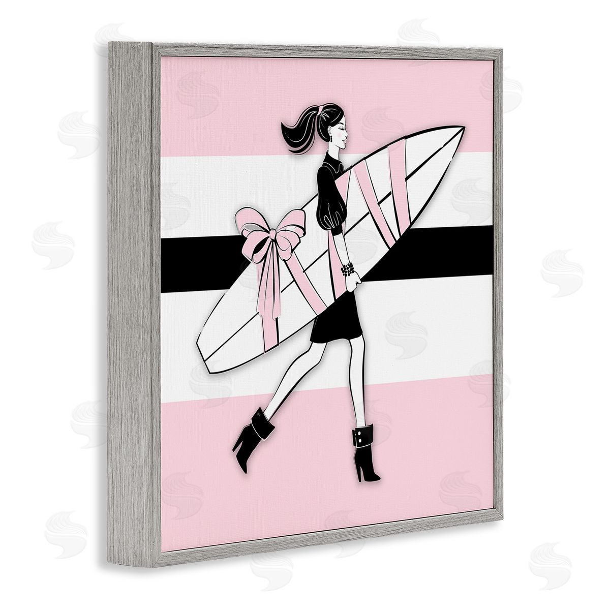 Glam Girl With Surfboard Grey Frame Print Wall Art, Home Decor by Martina Pavlova