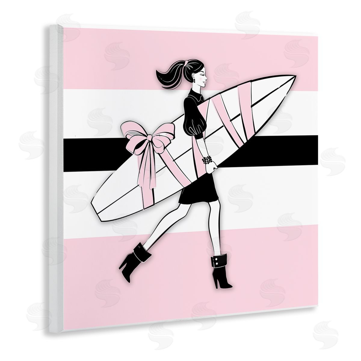 Glam Girl With Surfboard Wood Plaque Wall Art, Home Decor by Martina Pavlova