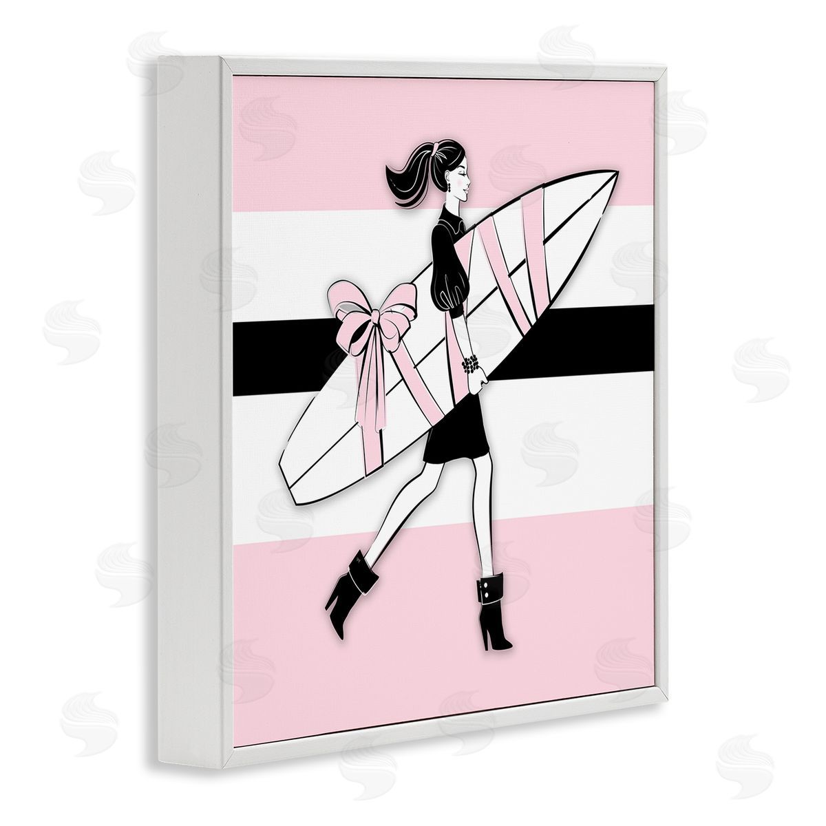 Glam Girl With Surfboard White Frame Print Wall Art, Home Decor by Martina Pavlova