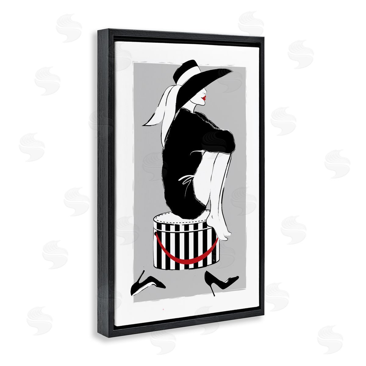 Sitting On Hat Box Black Floating Frame Canvas Wall Art, Home Decor by Martina Pavlova