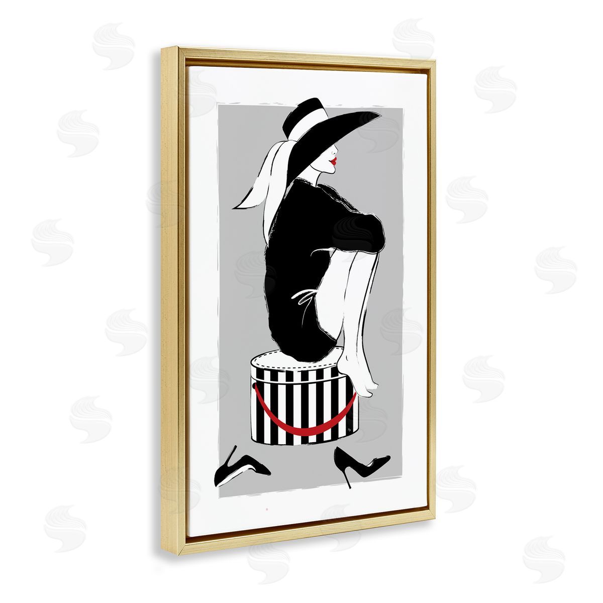 Sitting On Hat Box Gold Floating Frame Canvas Wall Art, Home Decor by Martina Pavlova
