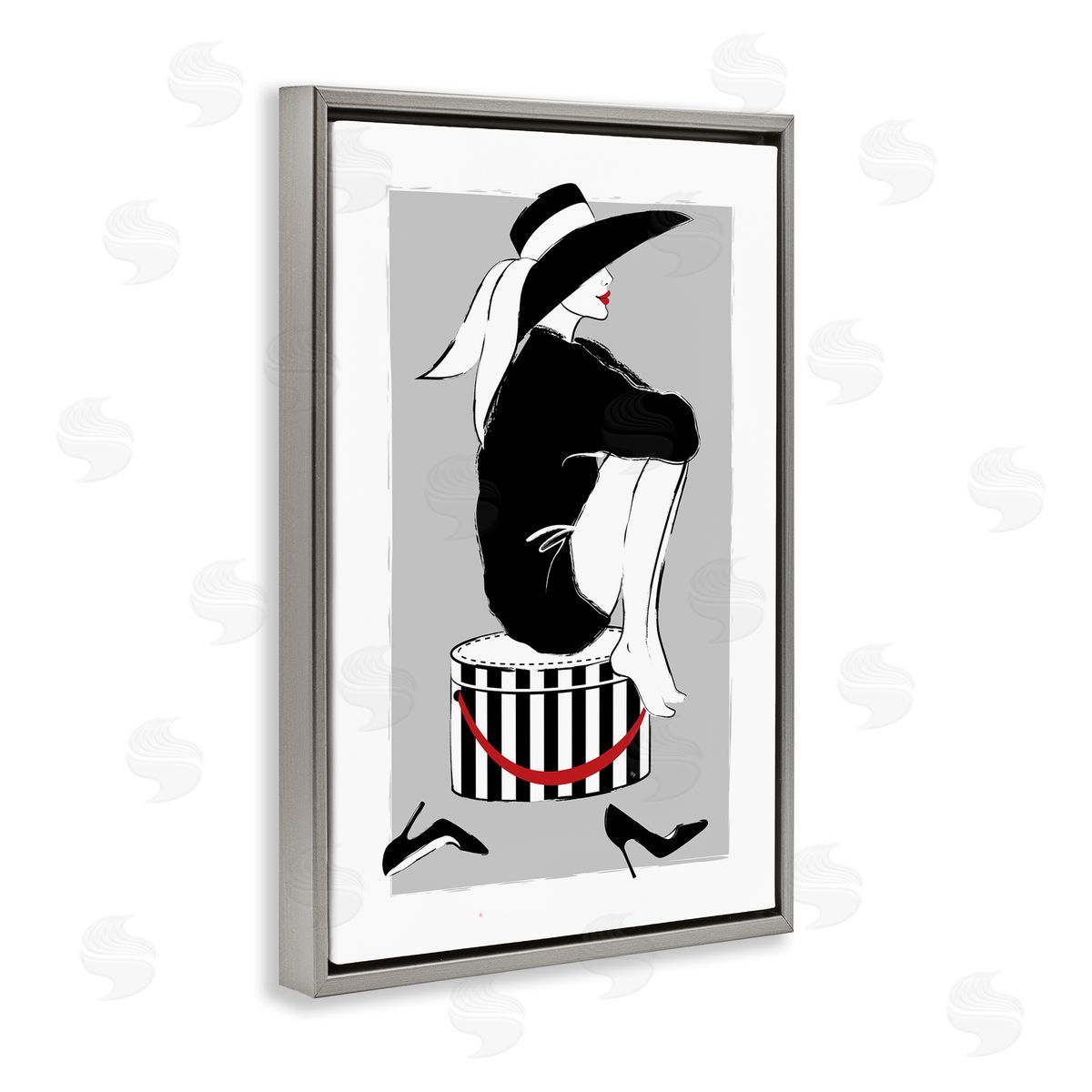 Sitting On Hat Box Grey Floating Frame Canvas Wall Art, Home Decor by Martina Pavlova