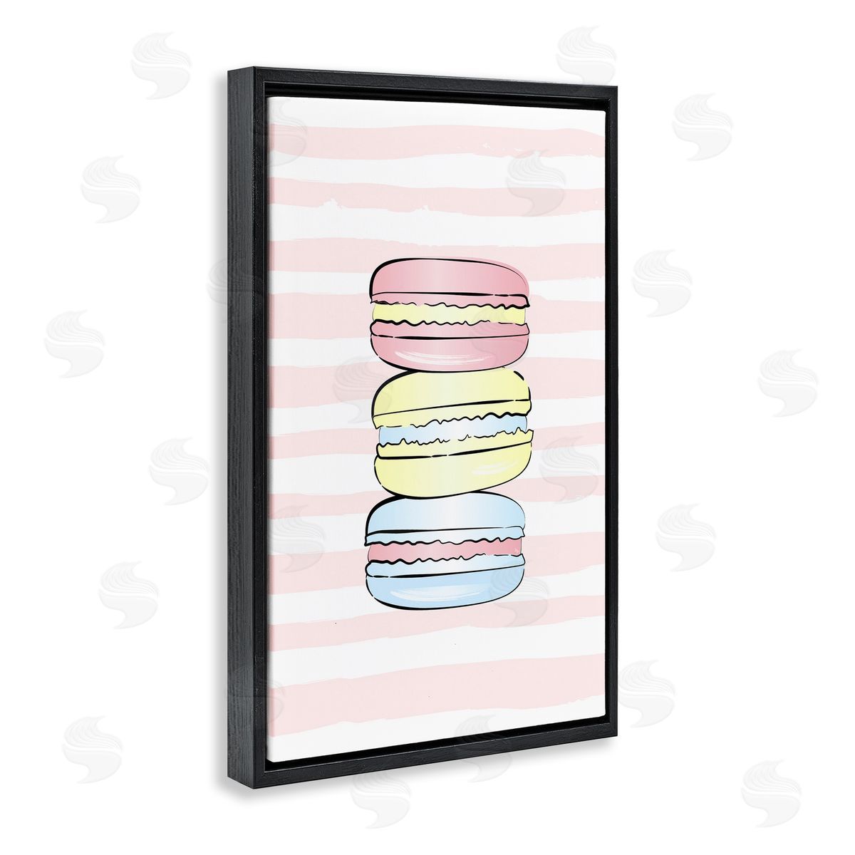 Pink Stripes Macarons Black Floating Frame Canvas Wall Art, Home Decor by Martina Pavlova