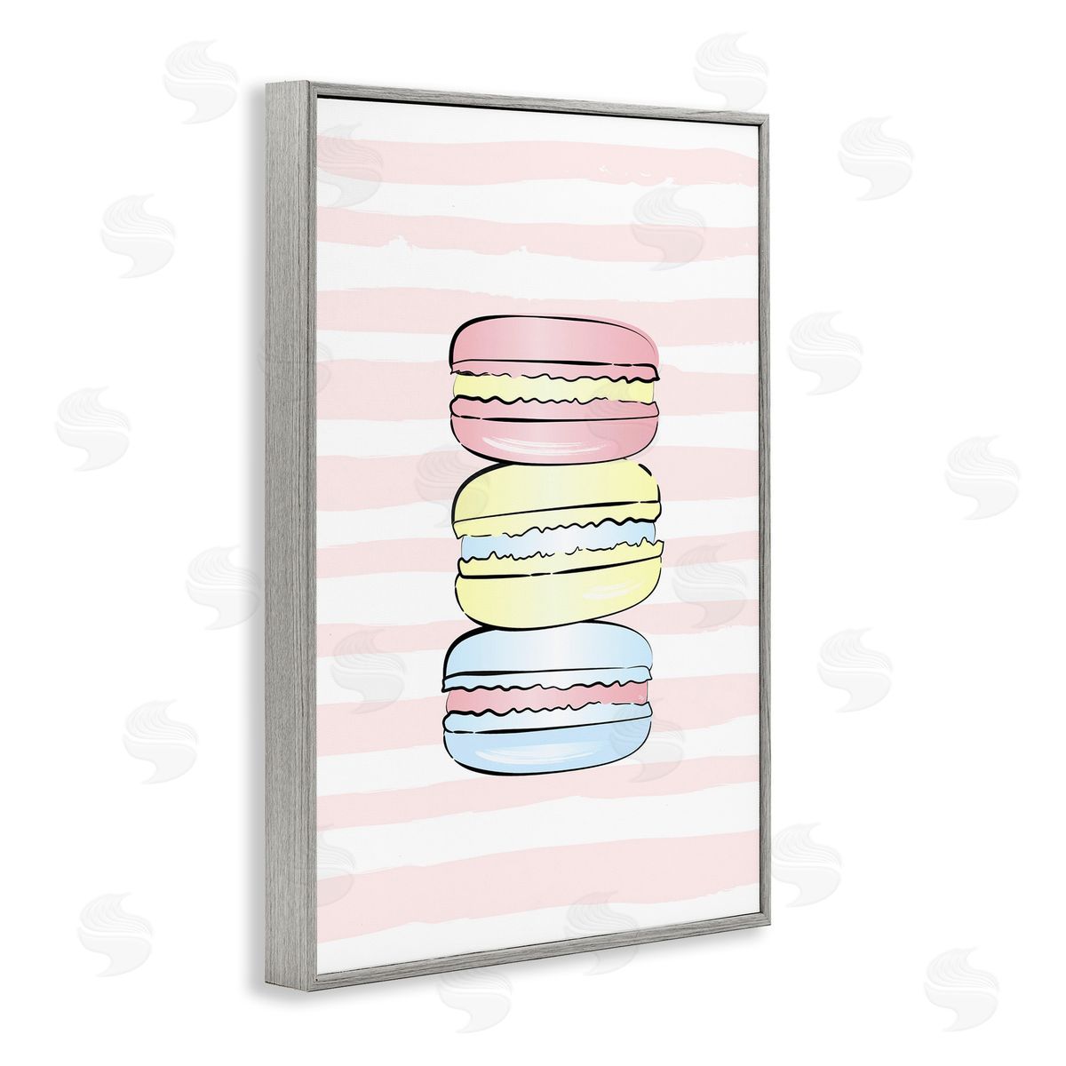 Pink Stripes Macarons Grey Frame Print Wall Art, Home Decor by Martina Pavlova