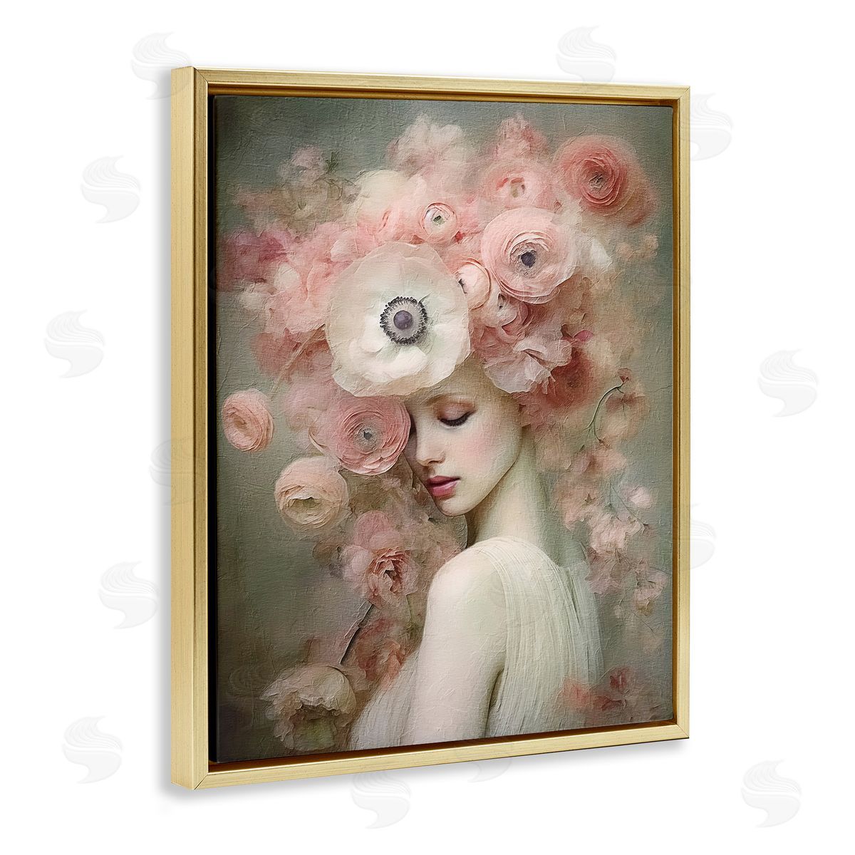 Blush Florals Portrait Gold Floating Frame Canvas Wall Art, Home Decor by RileyB