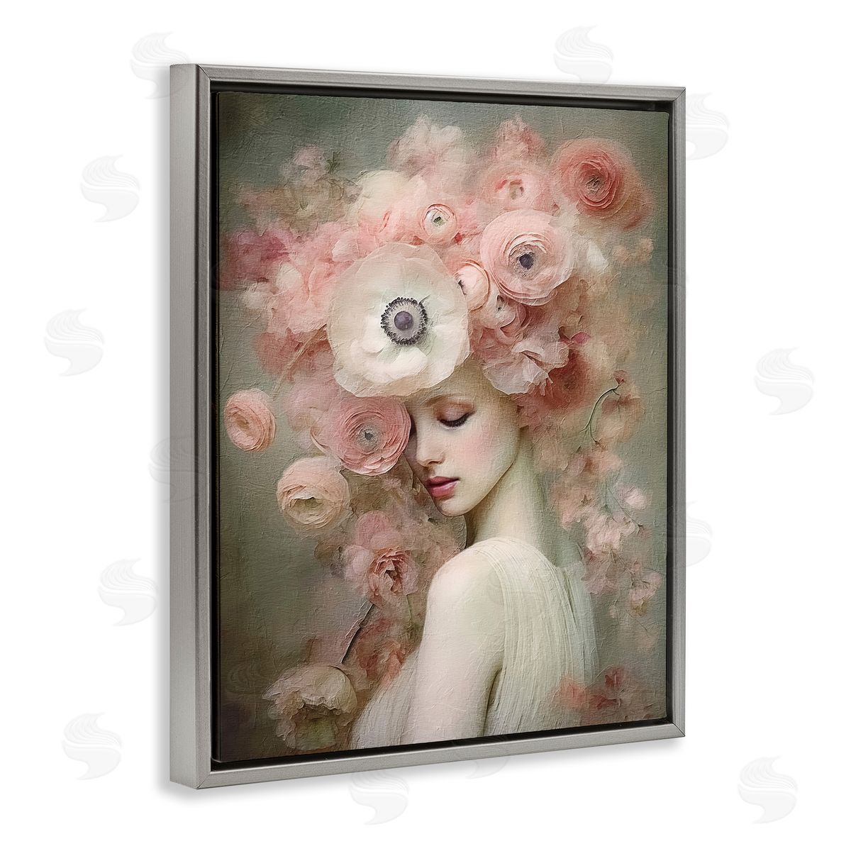 Blush Florals Portrait Grey Floating Frame Canvas Wall Art, Home Decor by RileyB