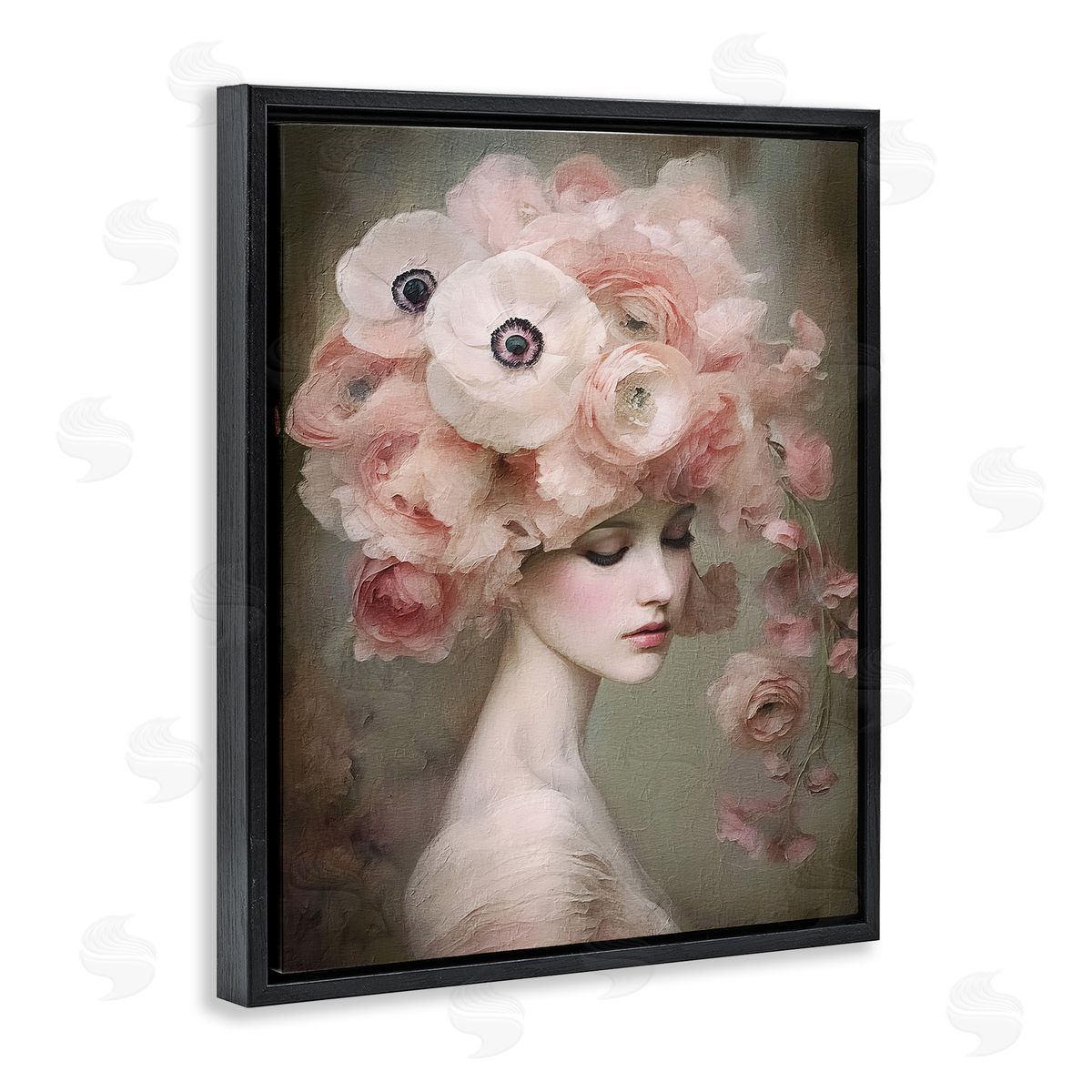 Woman and Blush Florals Black Floating Frame Canvas Wall Art, Home Decor by RileyB
