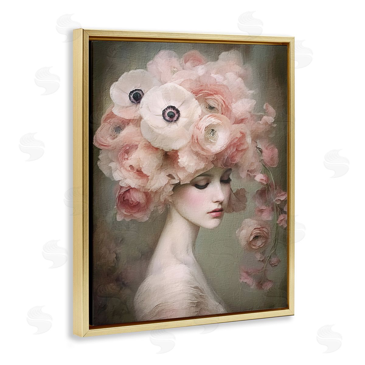 Woman and Blush Florals Gold Floating Frame Canvas Wall Art, Home Decor by RileyB