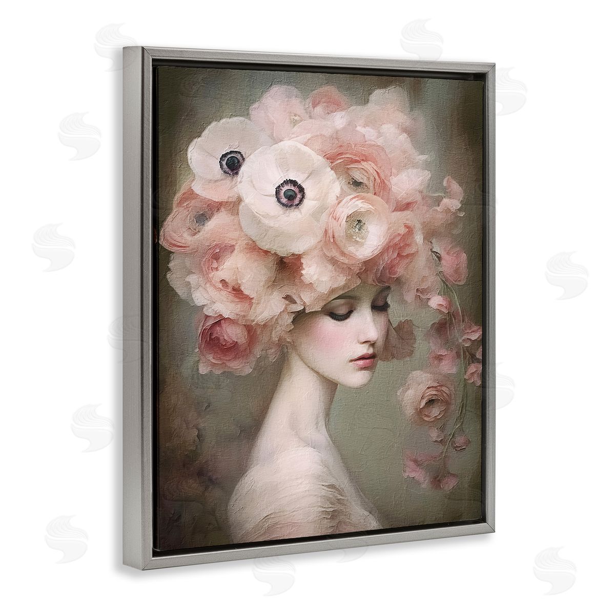 Woman and Blush Florals Grey Floating Frame Canvas Wall Art, Home Decor by RileyB