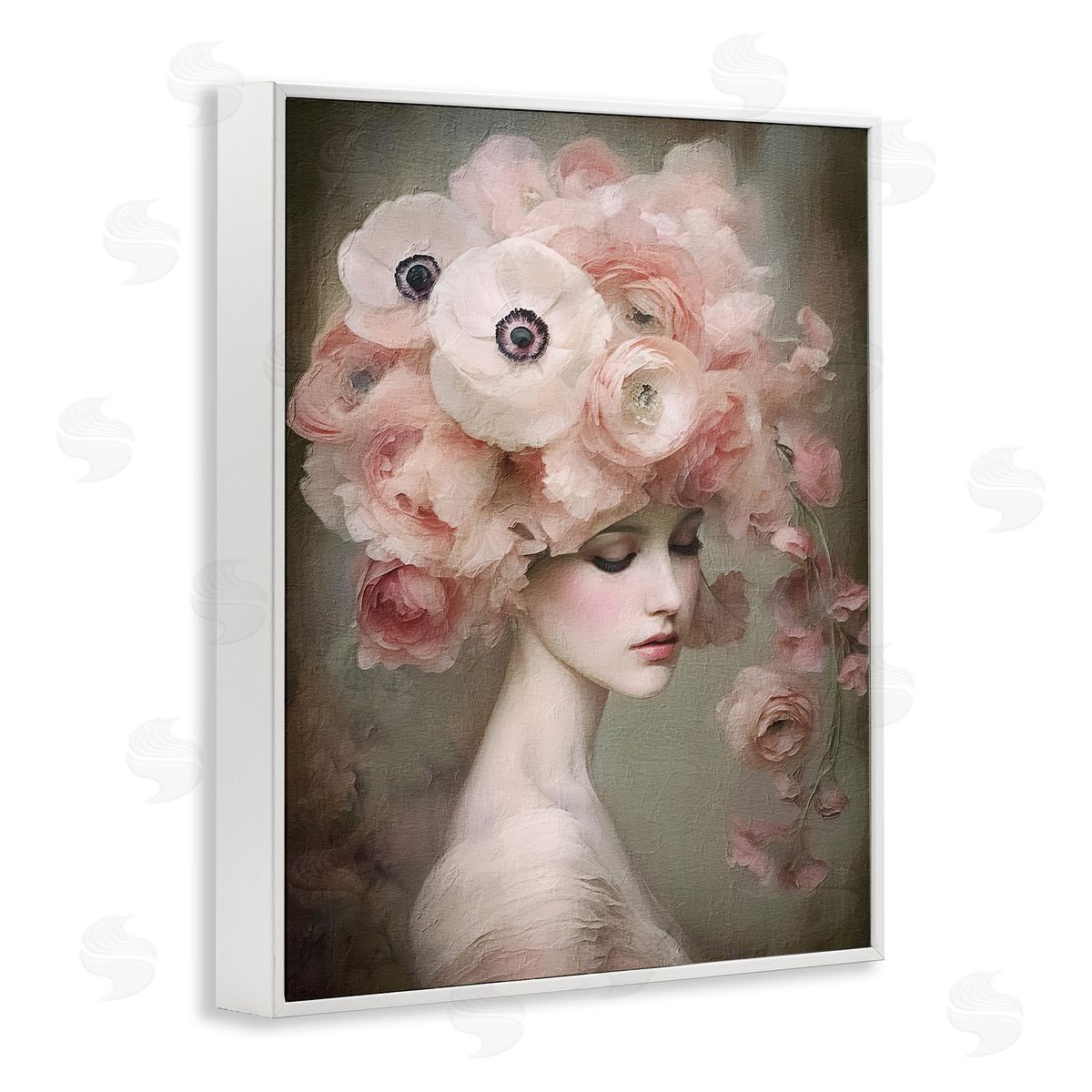 Woman and Blush Florals White Frame Print Wall Art, Home Decor by RileyB