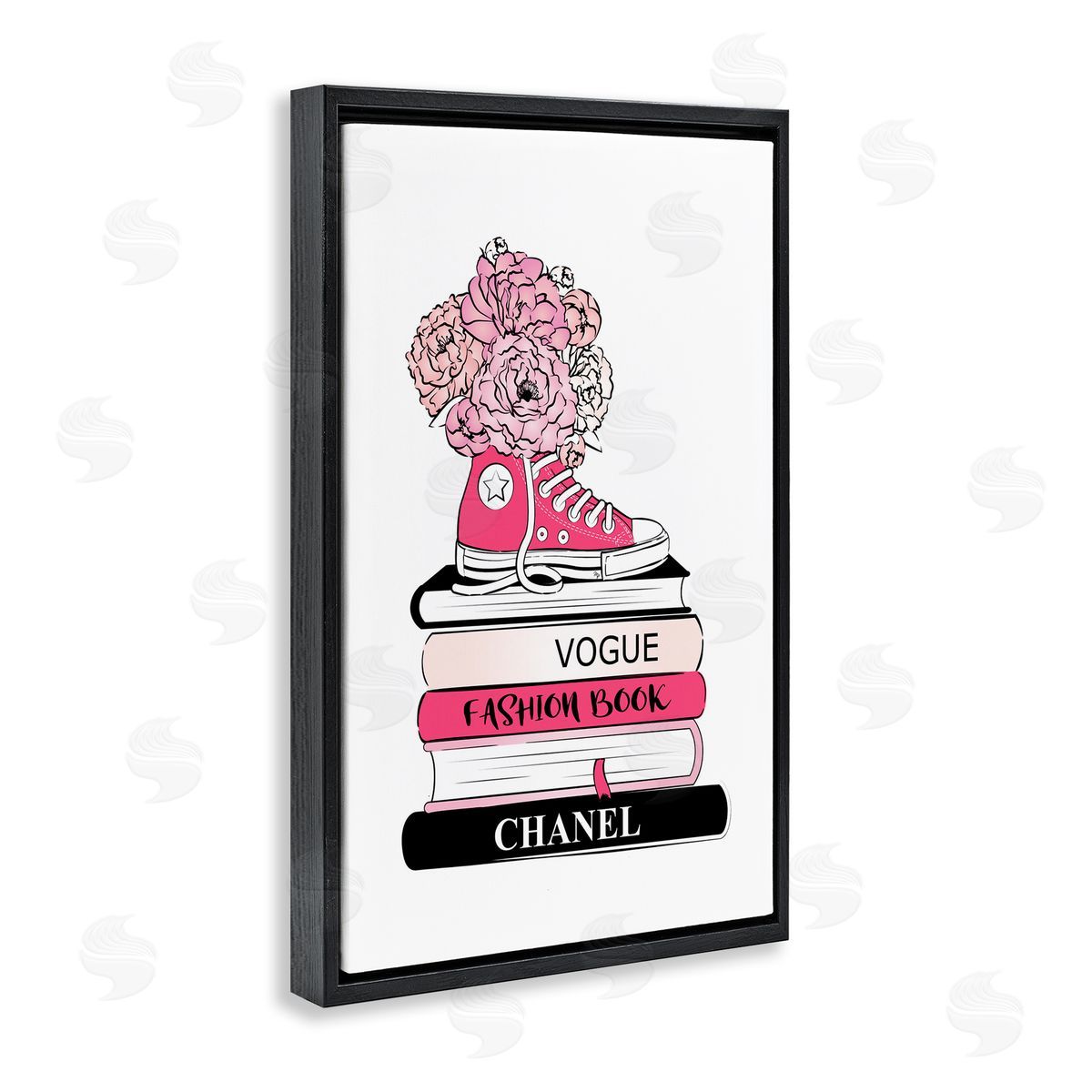 Sporty Sneaker Bookstack Black Floating Frame Canvas Wall Art, Home Decor by Martina Pavlova