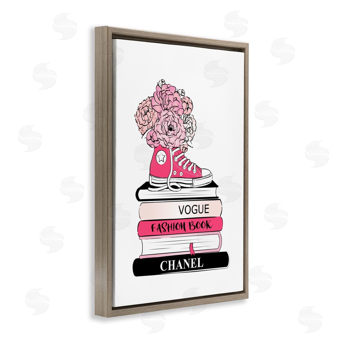 Sporty Sneaker Bookstack Brown Floating Frame Canvas Wall Art, Home Decor by Martina Pavlova