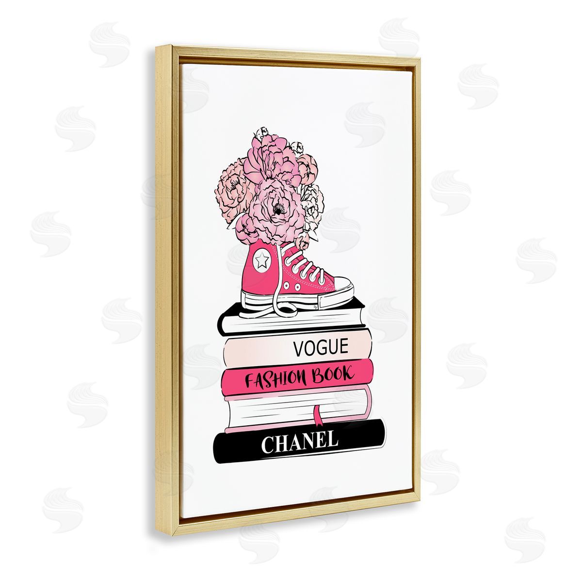 Sporty Sneaker Bookstack Gold Floating Frame Canvas Wall Art, Home Decor by Martina Pavlova