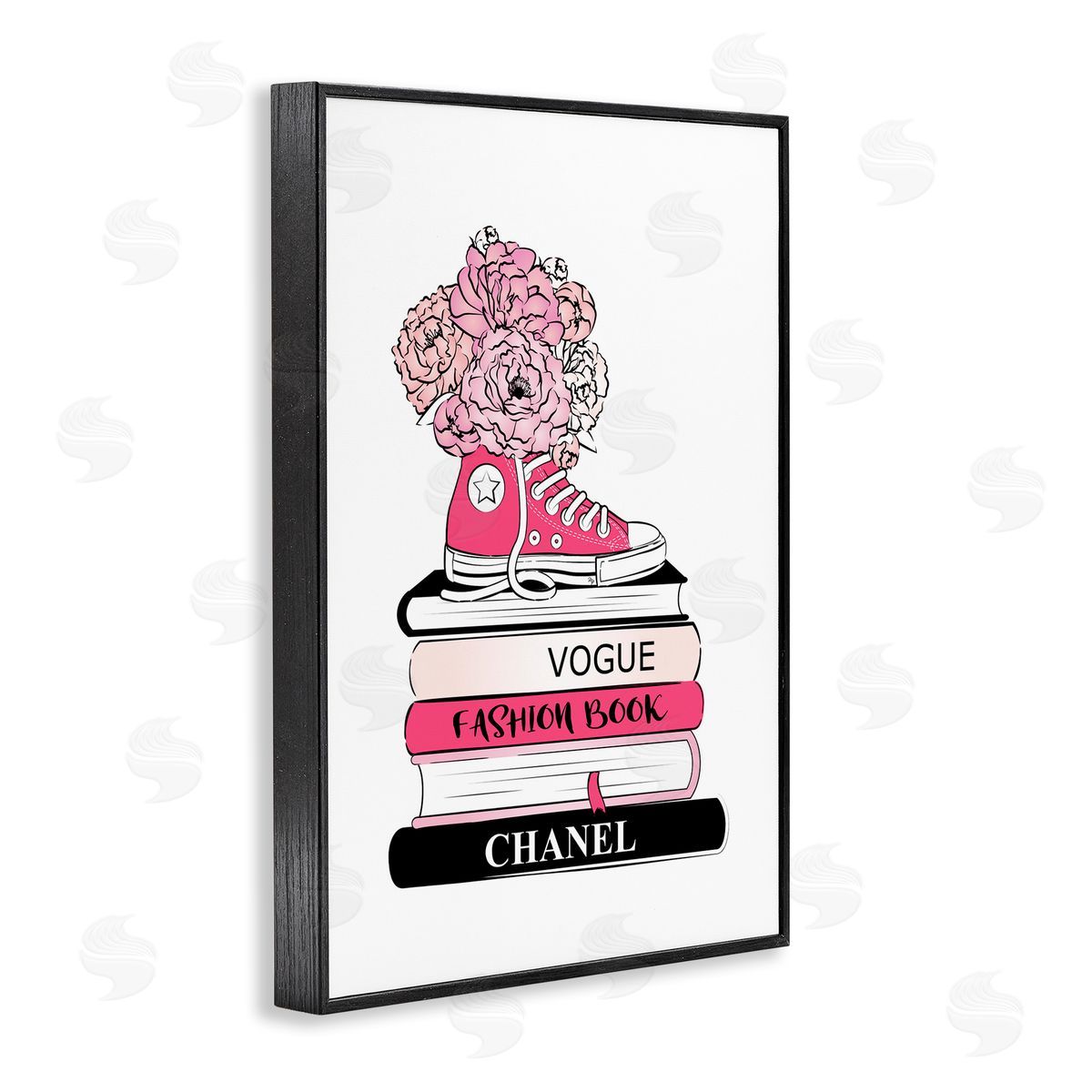 Sporty Sneaker Bookstack Black Frame Print Wall Art, Home Decor by Martina Pavlova