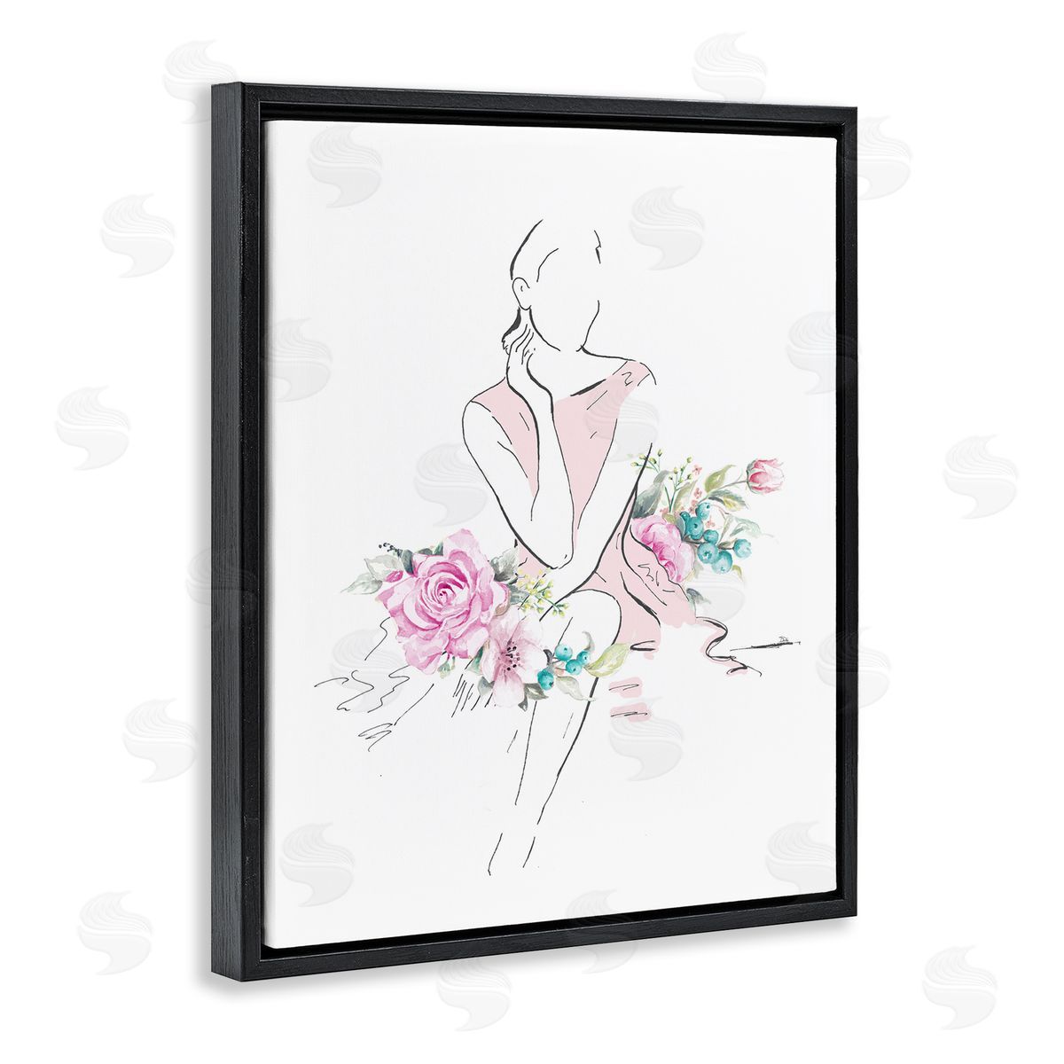 Soft Floral Fashion Black Floating Frame Canvas Wall Art, Home Decor by Patricia Pinto