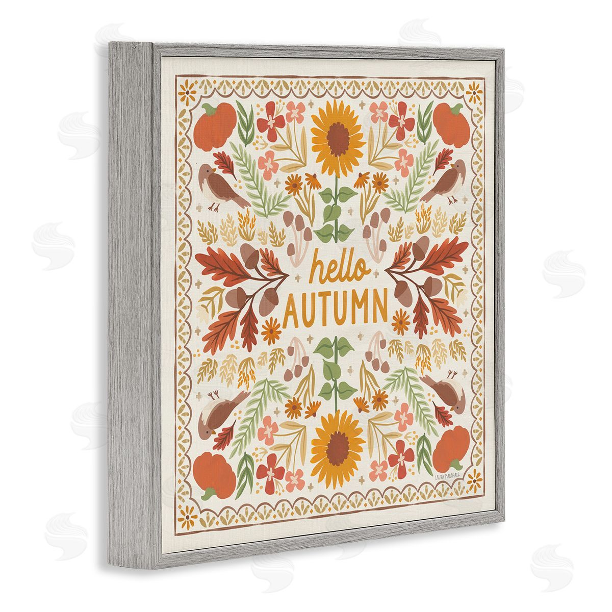 Hello Autumn Pattern Grey Frame Print Wall Art, Home Decor by Laura Marshall