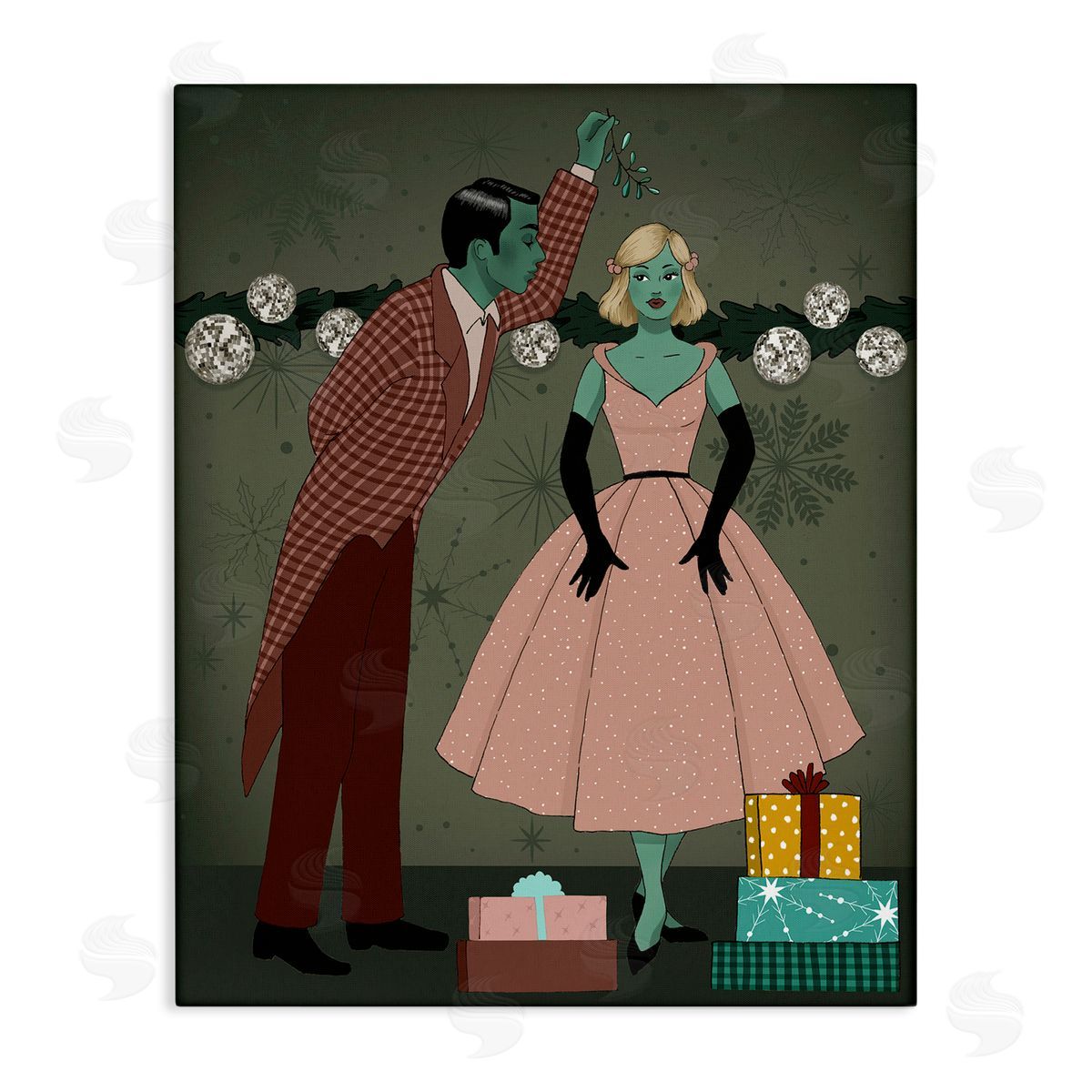 Romantic Christmas Kiss Canvas Wall Art, Home Decor by Grace Popp