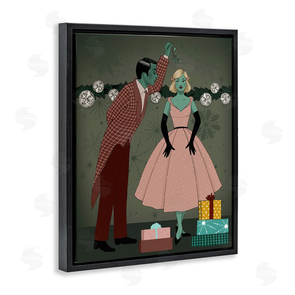 Romantic Christmas Kiss Black Floating Frame Canvas Wall Art, Home Decor by Grace Popp