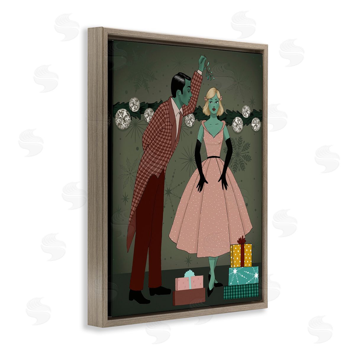 Romantic Christmas Kiss Brown Floating Frame Canvas Wall Art, Home Decor by Grace Popp