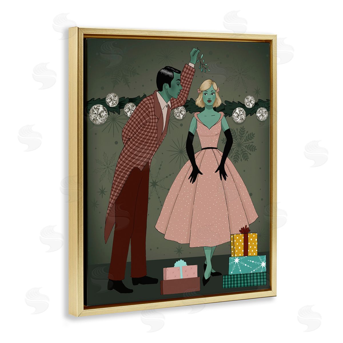 Romantic Christmas Kiss Gold Floating Frame Canvas Wall Art, Home Decor by Grace Popp