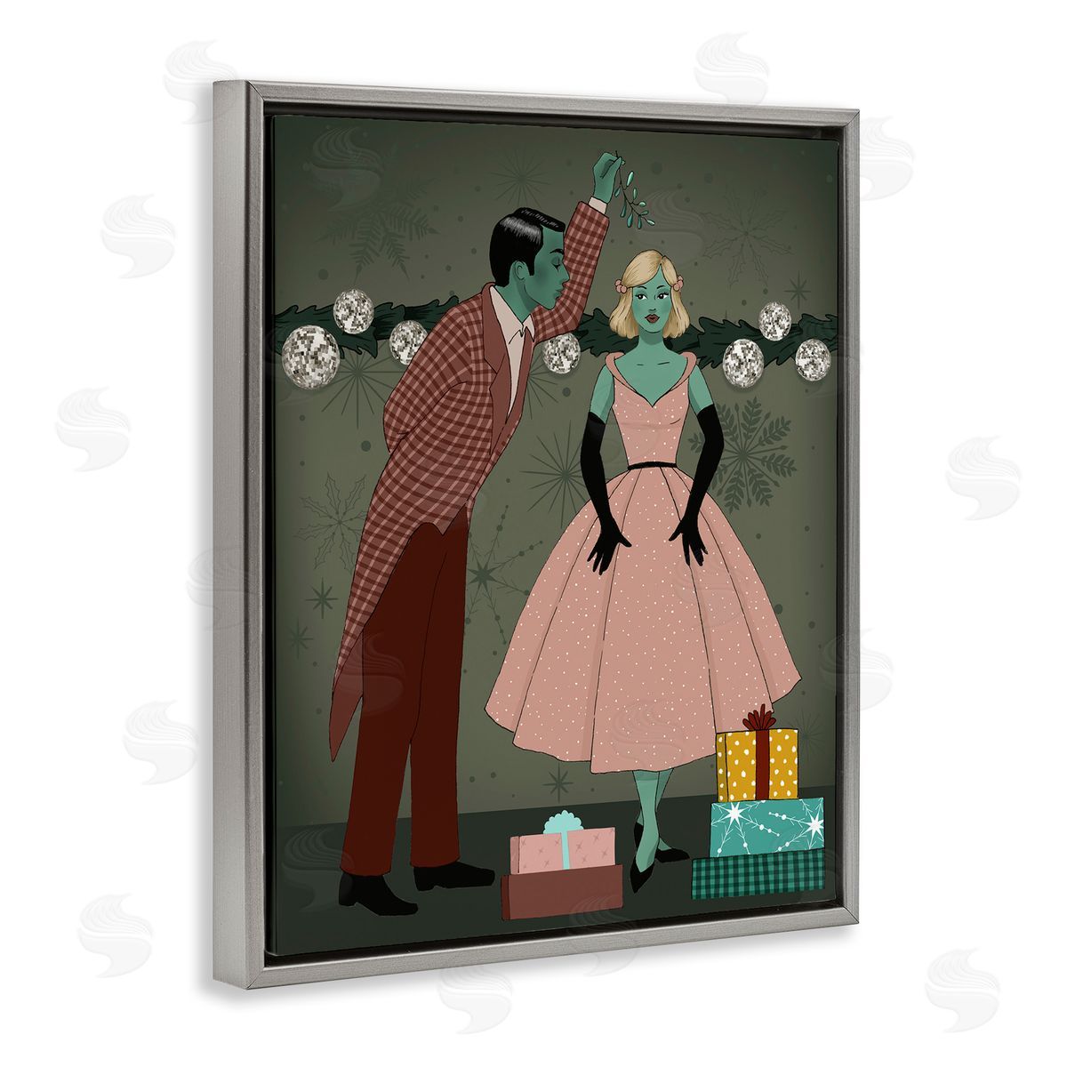 Romantic Christmas Kiss Grey Floating Frame Canvas Wall Art, Home Decor by Grace Popp