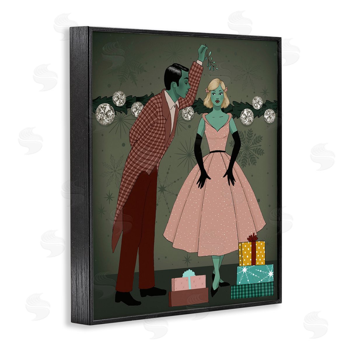 Romantic Christmas Kiss Black Frame Print Wall Art, Home Decor by Grace Popp