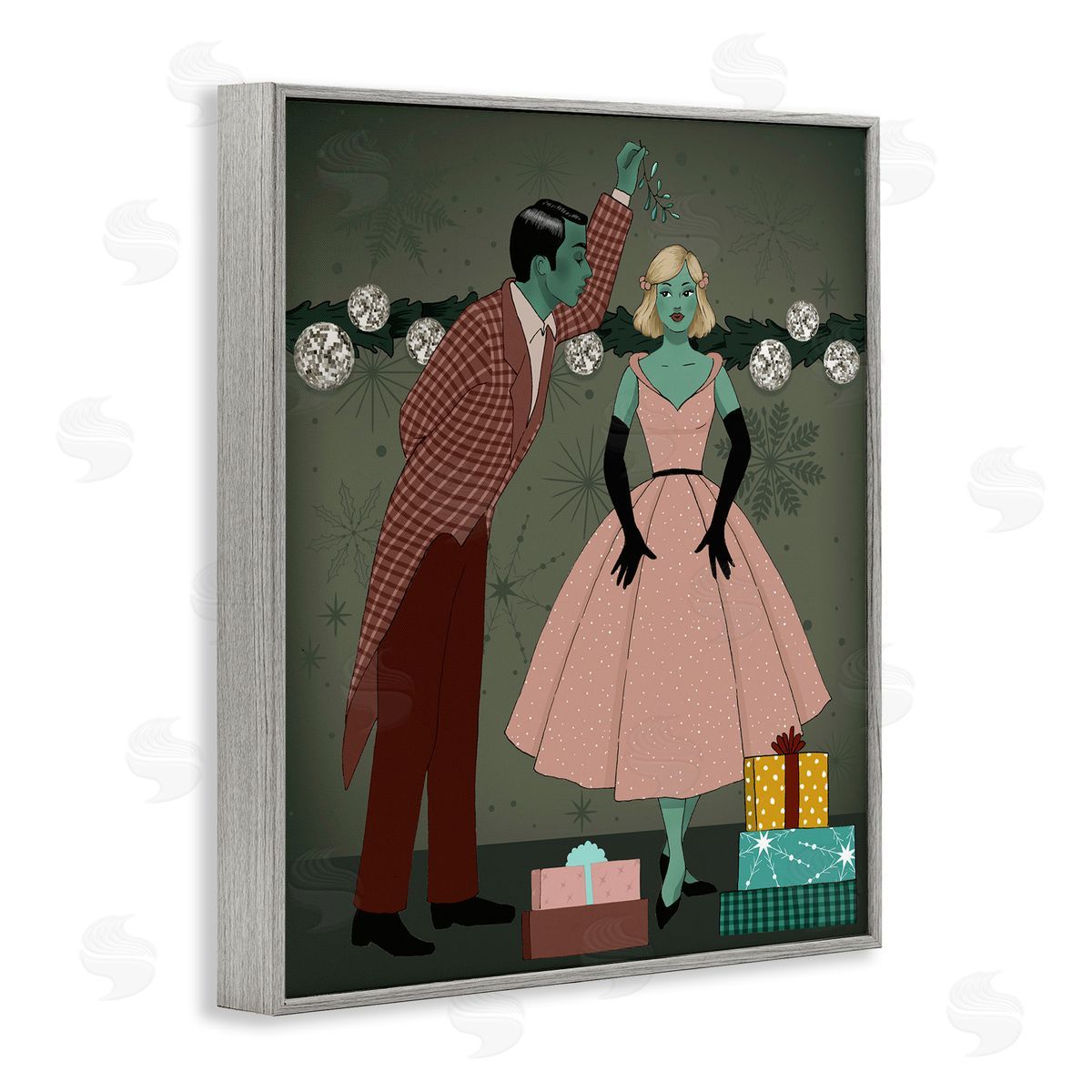 Romantic Christmas Kiss Grey Frame Print Wall Art, Home Decor by Grace Popp