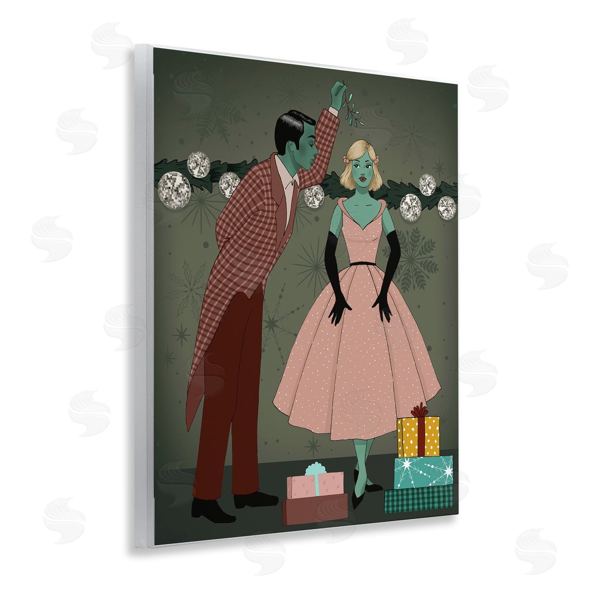 Romantic Christmas Kiss Wood Plaque Wall Art, Home Decor by Grace Popp