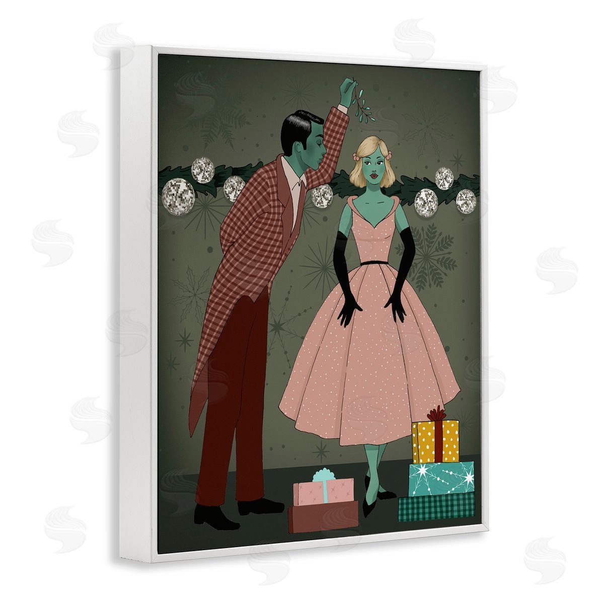 Romantic Christmas Kiss White Frame Print Wall Art, Home Decor by Grace Popp