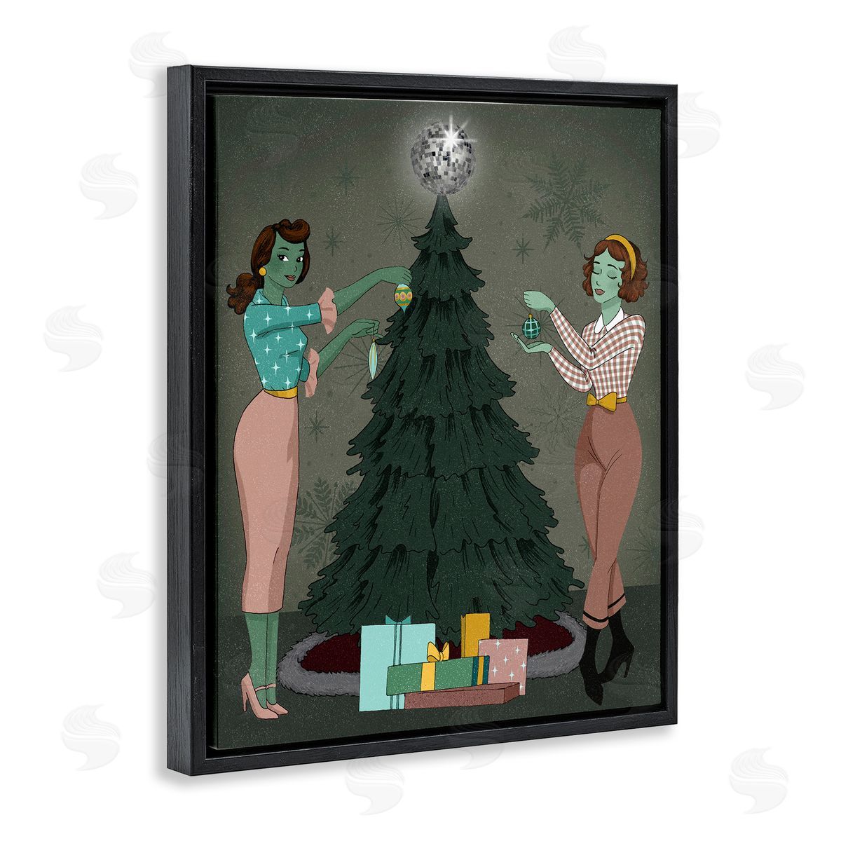 Girls and Christmas Tree Black Floating Frame Canvas Wall Art, Home Decor by Grace Popp