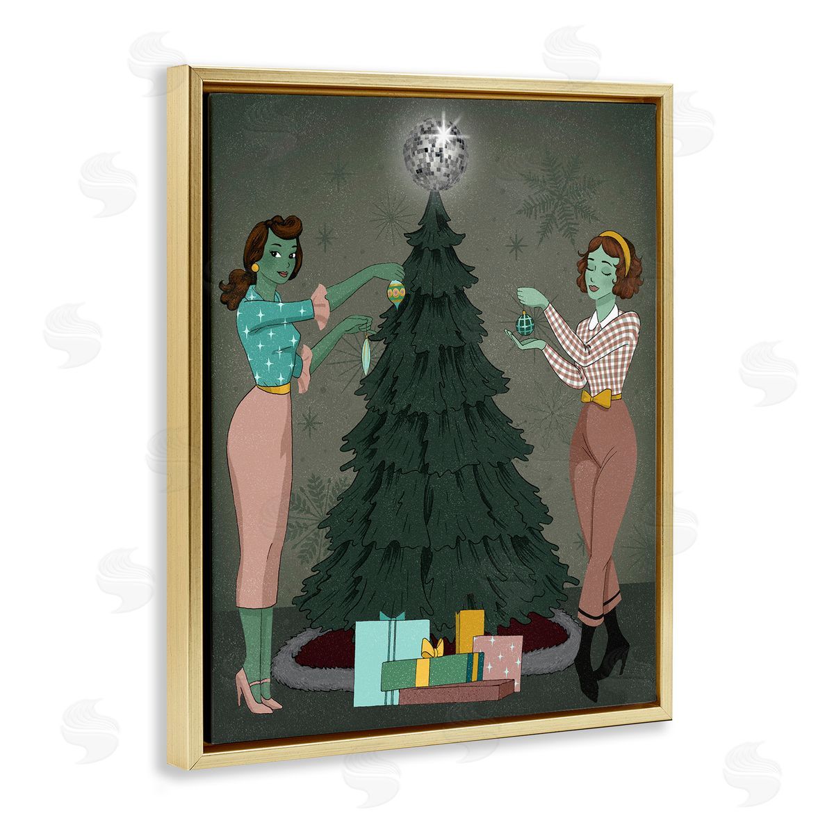 Girls and Christmas Tree Gold Floating Frame Canvas Wall Art, Home Decor by Grace Popp